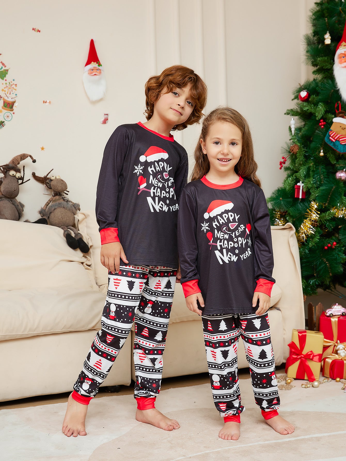 BamBam Christmas Cartoon Hat Letter Round Neck Long Sleeve Family Pajama Two-piece Set - BamBam