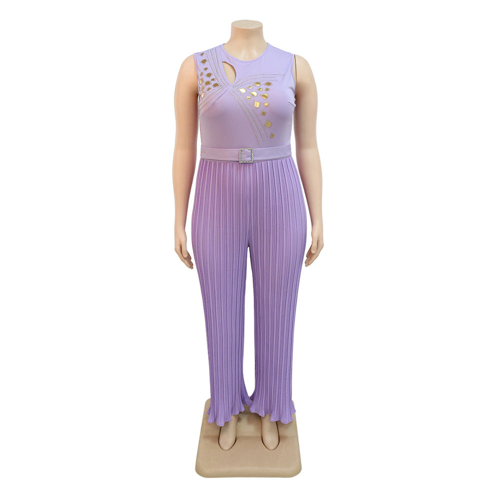 BamBam Ladies Round Neck Sleeveless Beaded Casual Loose Pleated Jumpsuit With Belt - BamBam Clothing