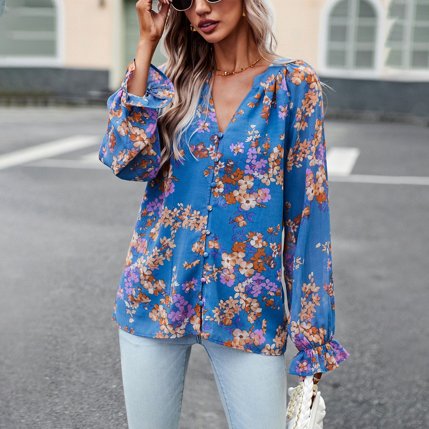 BamBam Women's Autumn Chic Elegant Floral Long Sleeve Shirt - BamBam