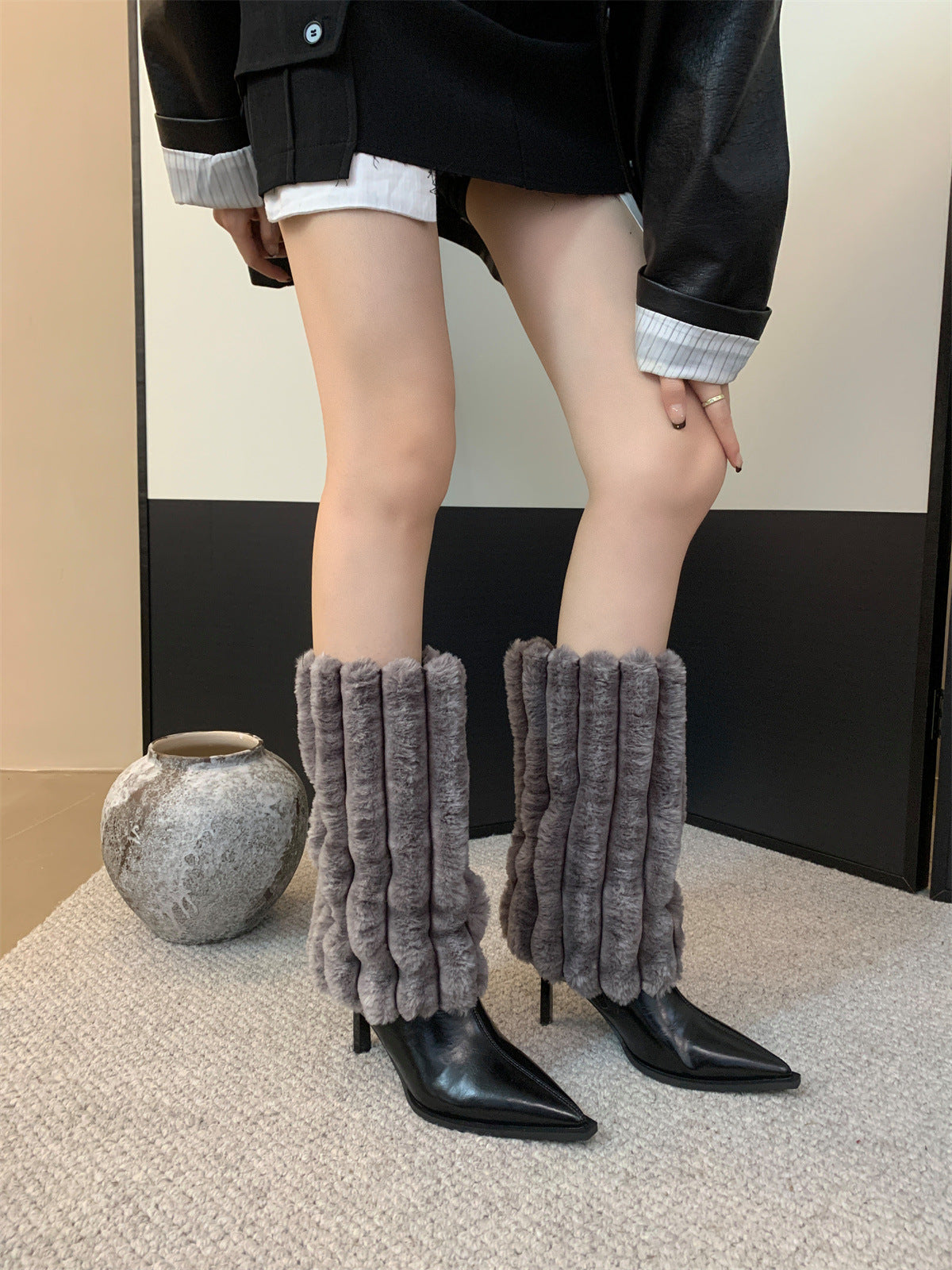 BamBam Women autumn and winter furry high heel boots autumn and winter pointed toe high boots - BamBam