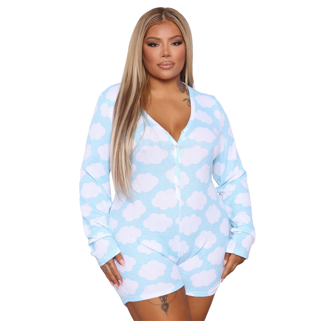 BamBam Plus Size Ladies Homewear V-Neck Print Jumpsuit - BamBam Clothing