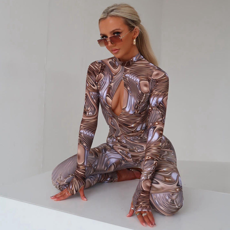 BamBam Women Hollow Long Sleeve Backless Printed Jumpsuit - BamBam Clothing