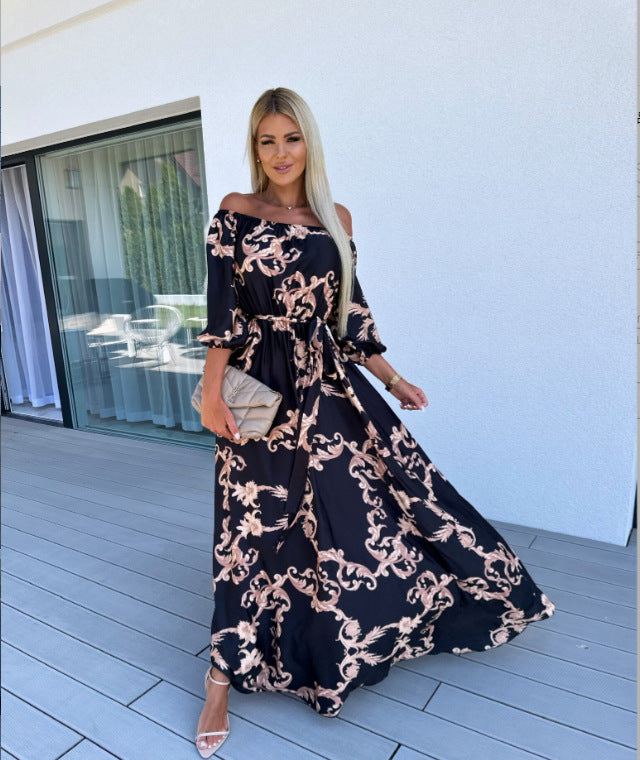 BamBam Summer Beach Holidays Chic Off Shoulder Print Maxi Dress - BamBam