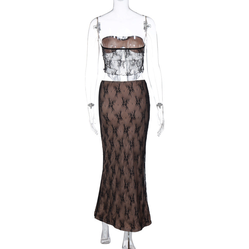 BamBam Women sexy lace Patchwork Top and Skirt two-piece set - BamBam