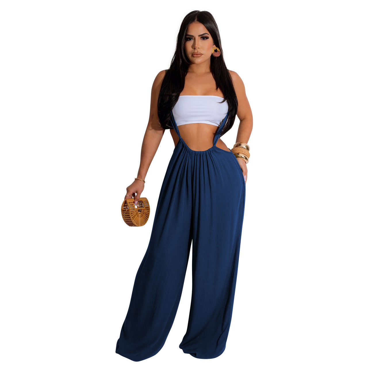 BamBam Women Casual Solid Wide Leg Overalls - BamBam Clothing Clothing