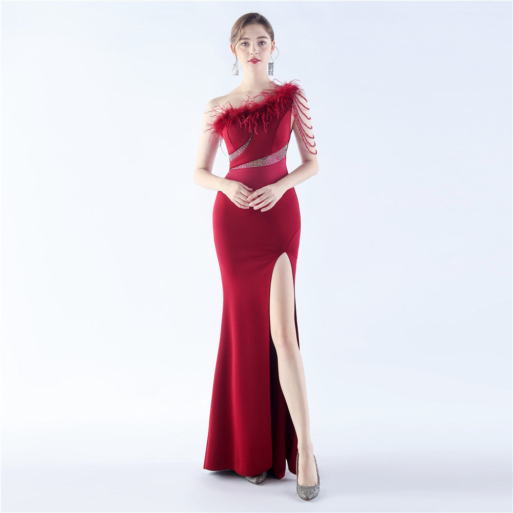 BamBam Women Beaded Beaded Ostrich Feather Slash Shoulder One-shoulder Evening Dress - BamBam Clothing