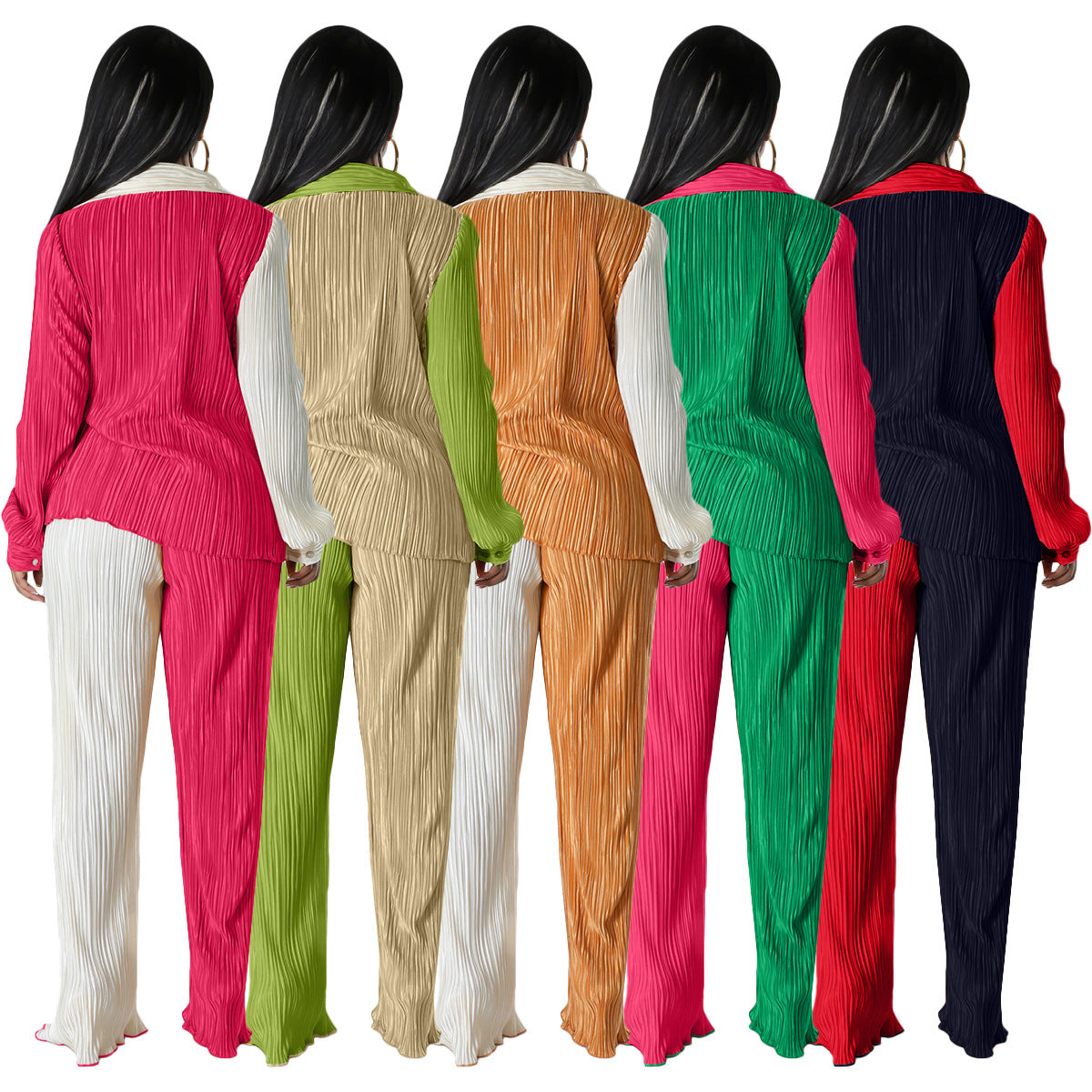 BamBam Women Fall Colorblock Loose Shirt and Pants Casual Two-piece Set - BamBam