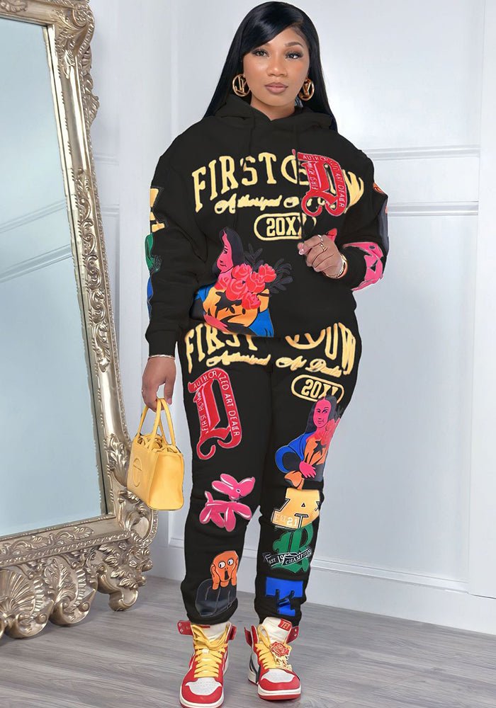 Stylish Casual Printed Fall/Winter Long Sleeve Hoodies Two-Piece Tracksuit