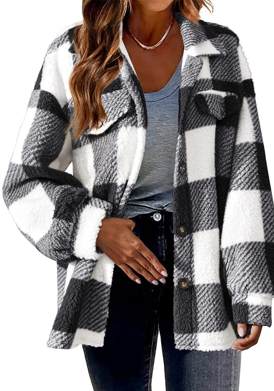 Women's Autumn And Winter Plaid Pockets Button Plush Jacket