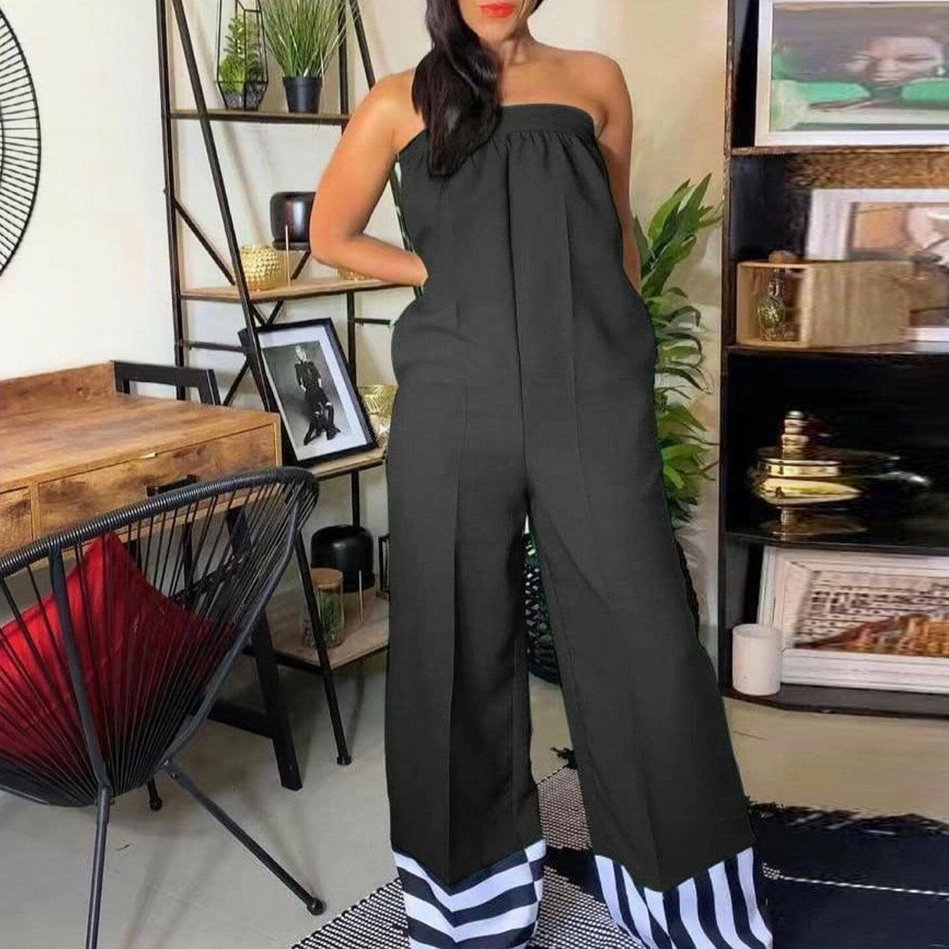 BamBam Women Casual Patchwork Stripe Print ColorBlock Jumpsuit - BamBam Clothing