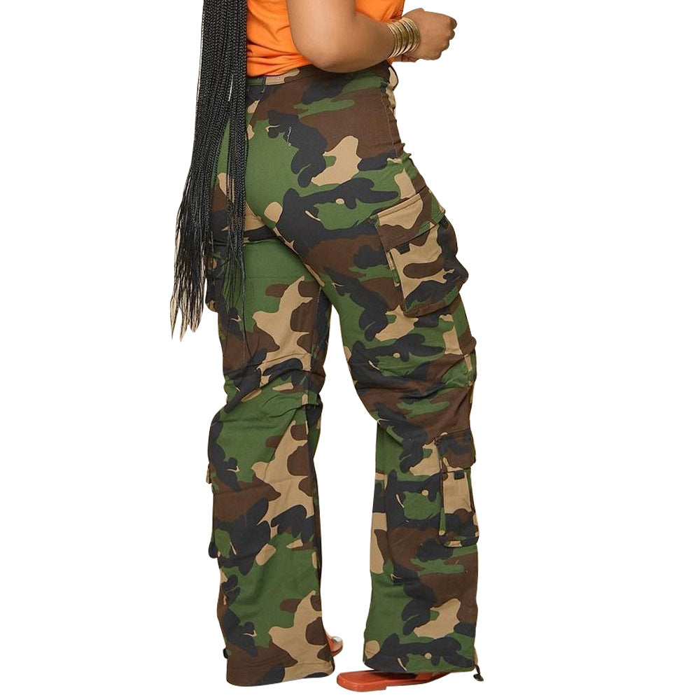 BamBam Summer Women Button Zipper Camouflage Straight Leg Pants - BamBam