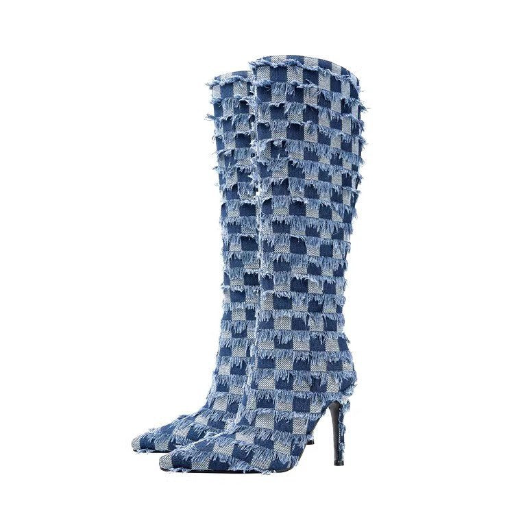 BamBam Women Checkerboard Denim Tassel Boots - BamBam