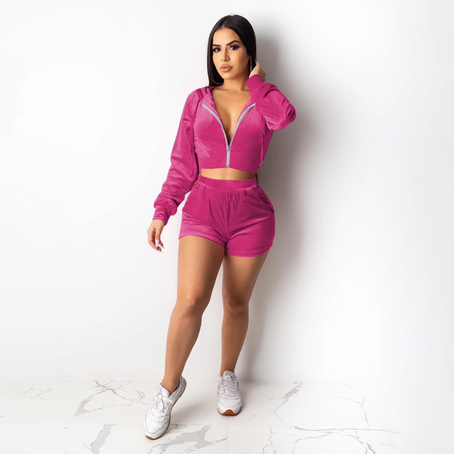 BamBam Women Long Sleeve Veet Hooded Top and Shorts Two Piece Set - BamBam