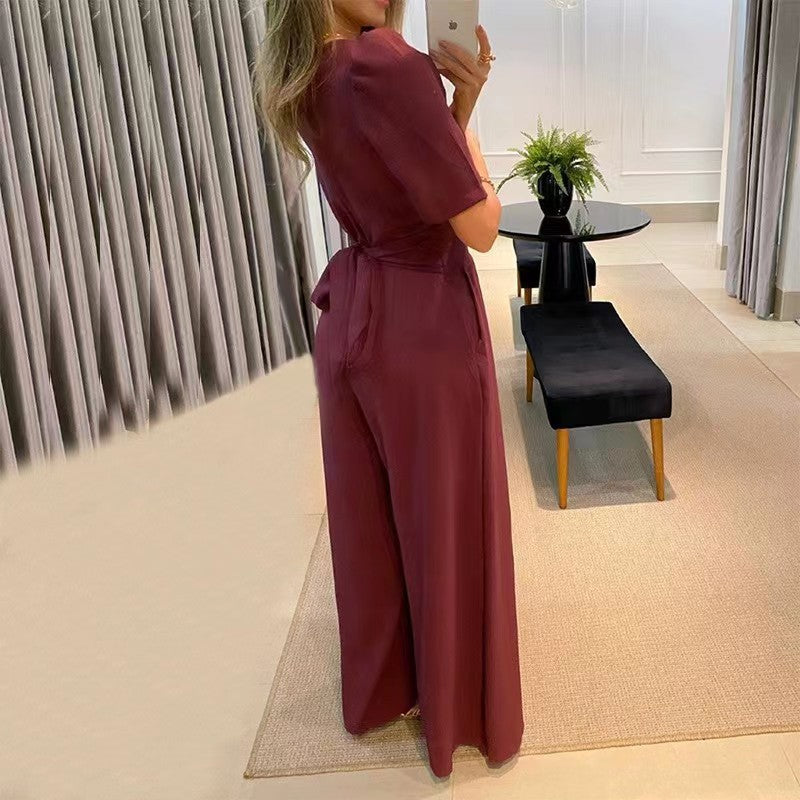 BamBam Fall Casual Women's Solid Color High Waist Ladies Wide Leg Jumpsuit - BamBam Clothing