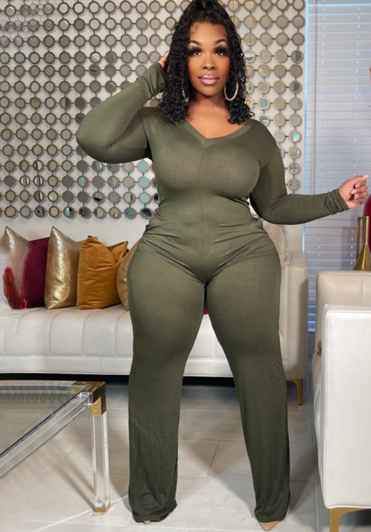 Spring Plus Size Casual Green V Neck Pockets Long Sleeve Jumpsuit