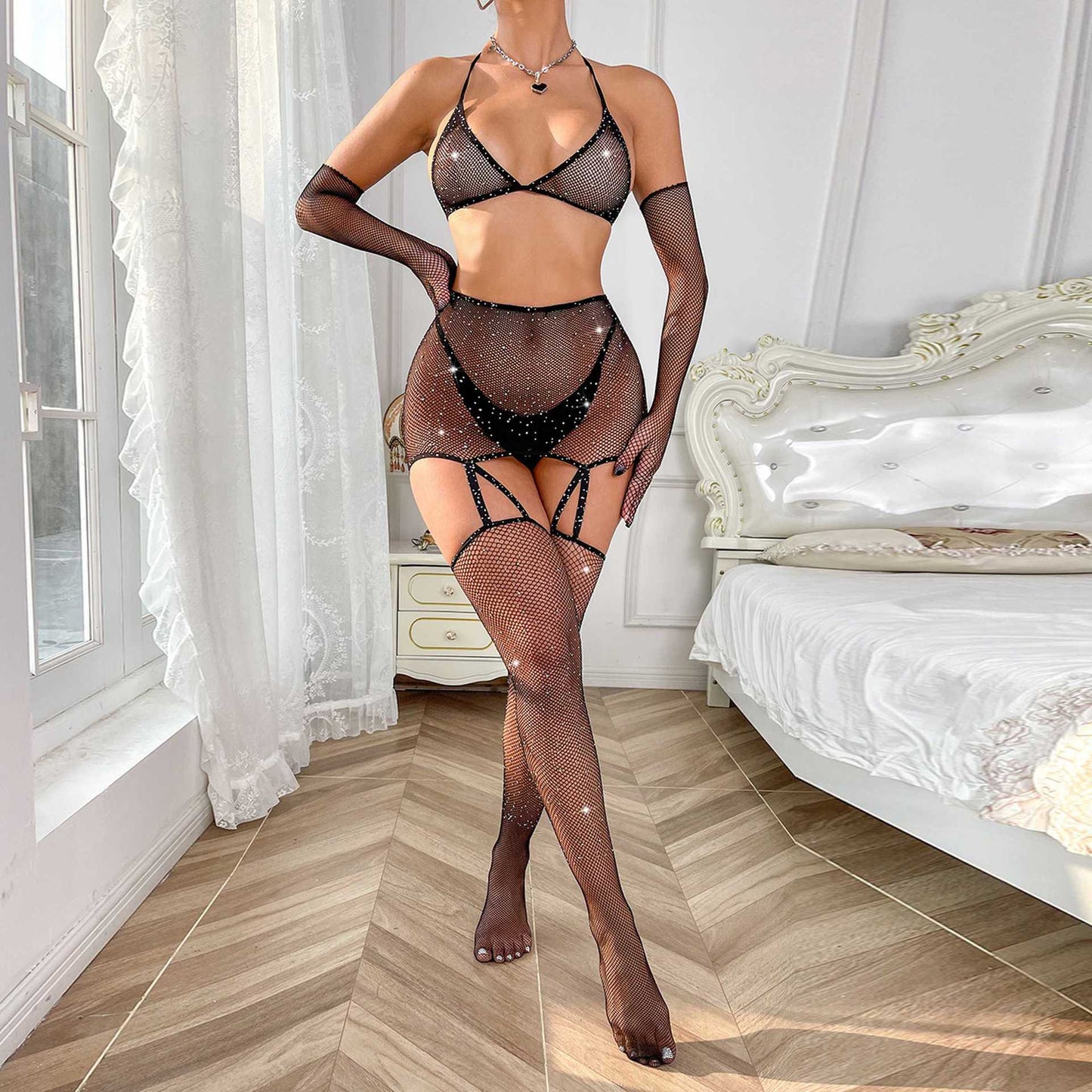 BamBam Ladies Beaded Gloves Bra Pantyhose Sexy Lingerie Set - BamBam