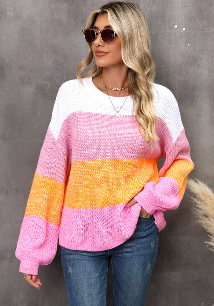 Autumn/Winter Patchwork Contrast Color Plus Size Loose Pullover Knitting Shirt