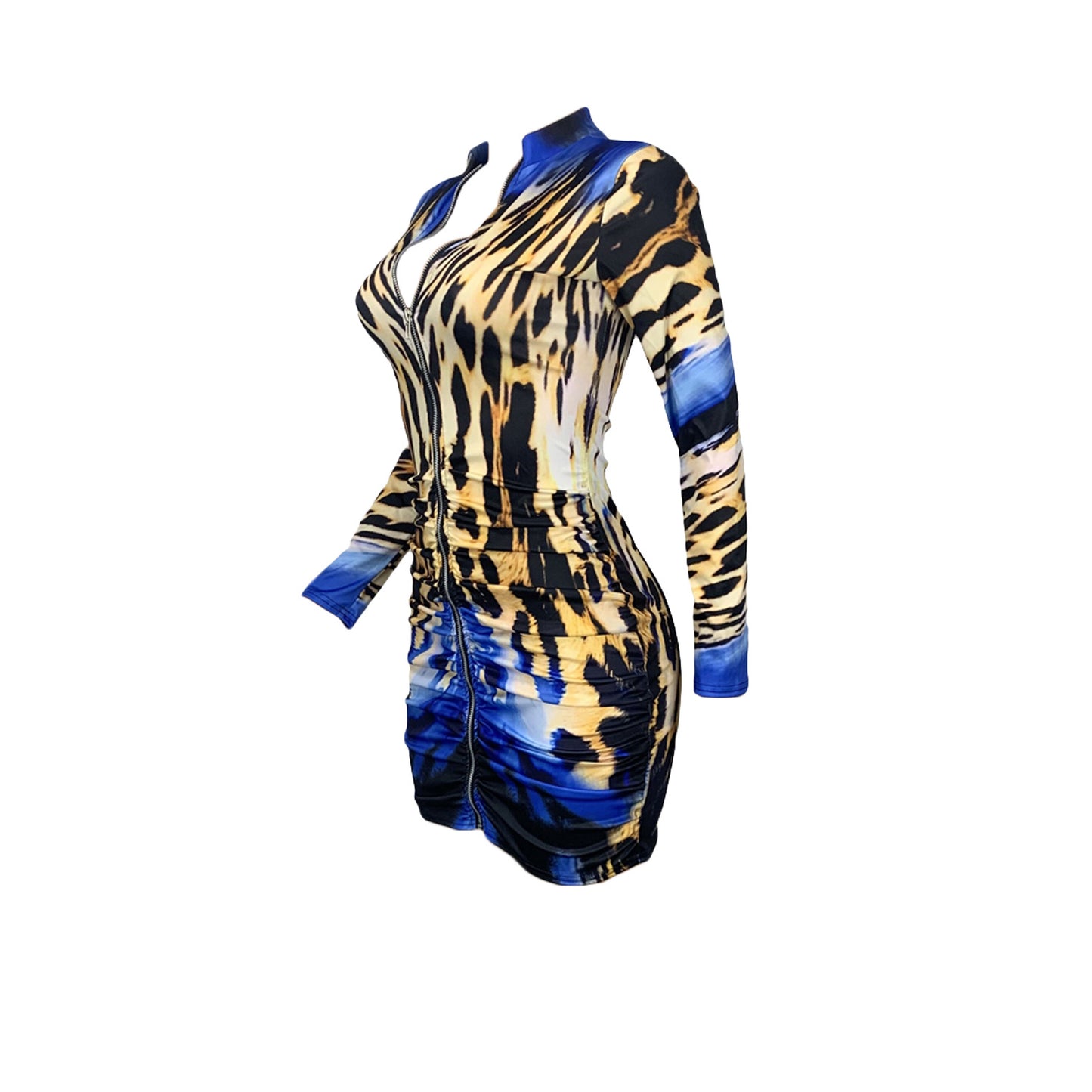 BamBam Women Autumn Leopard Print Pleated Sexy Long Sleeve Dress - BamBam Clothing