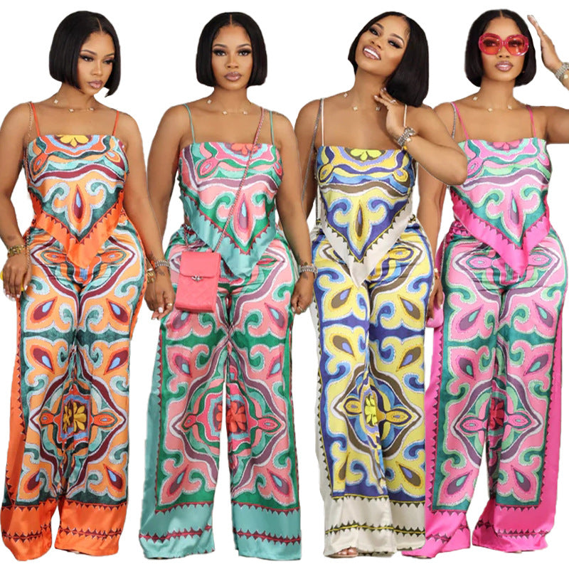 BamBam Women summer printed sexy suspenders Top and straight pants two-piece set - BamBam