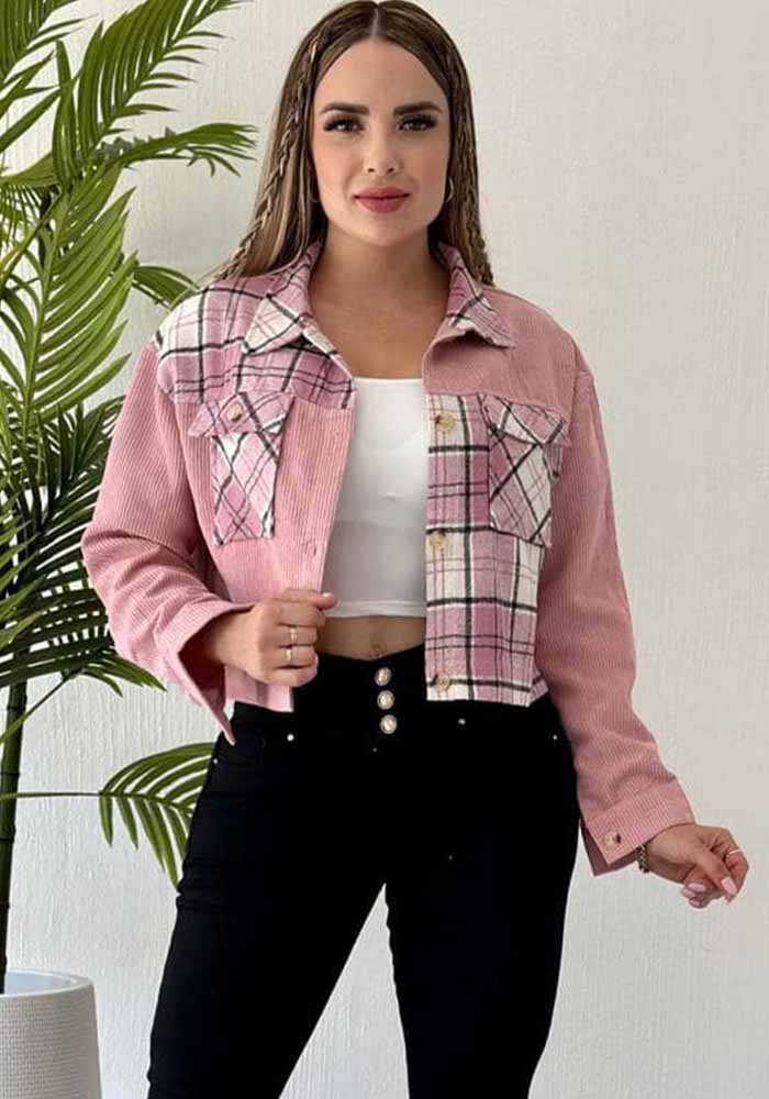 Women Autumn corduroy Plaid Patchwork Casual Jacket