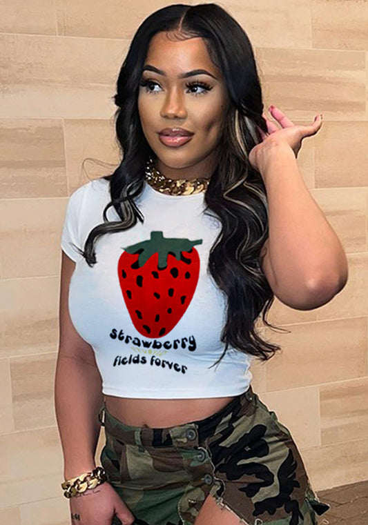 Women Summer Strawberry Letter Print Round Neck Short Sleeve T-Shirt