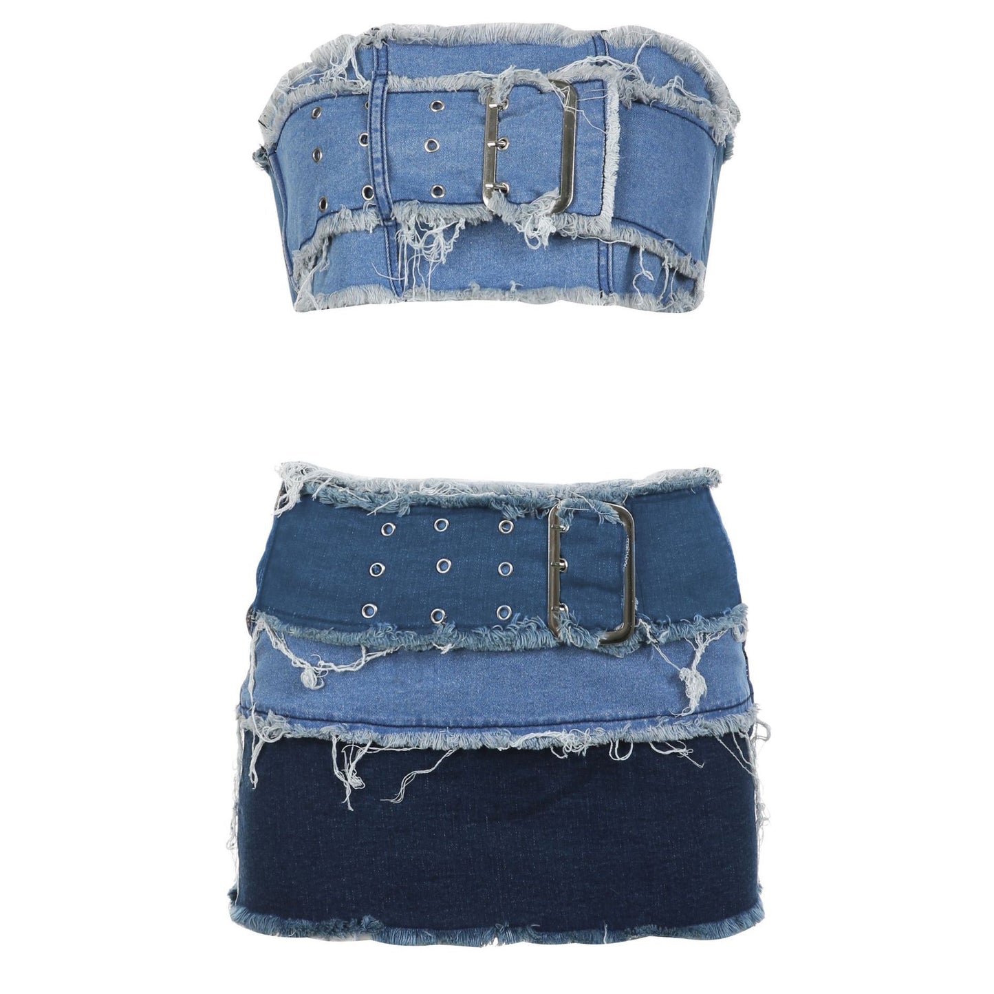 BamBam Women's Street Sexy Adjustable Button Wrap Patchwork Contrast Denim Top Skirt Two Piece Set - BamBam