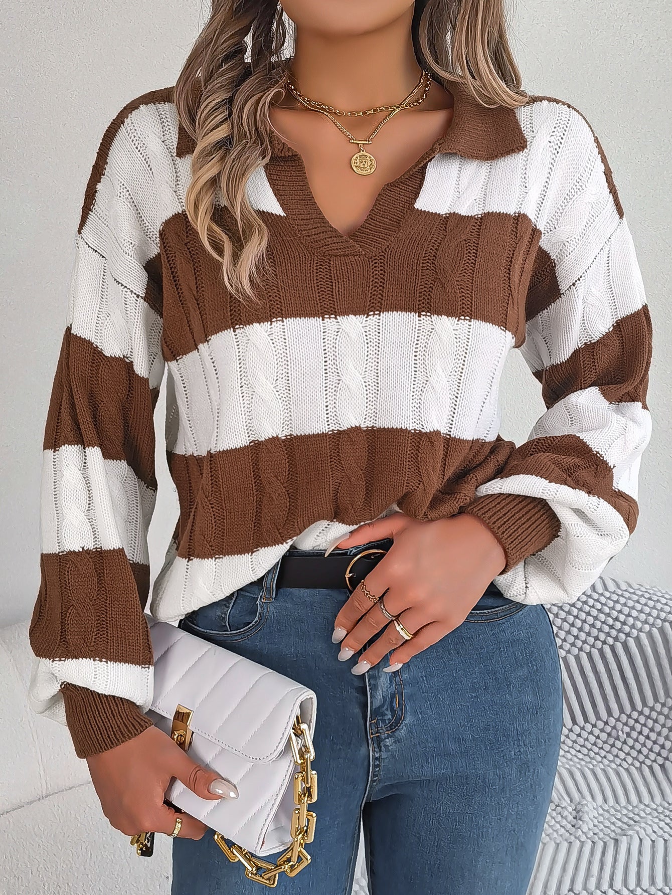 BamBam Autumn And Winter Casual V Neck Contrast Color Lantern Sleeve Pullover Women Sweater - BamBam
