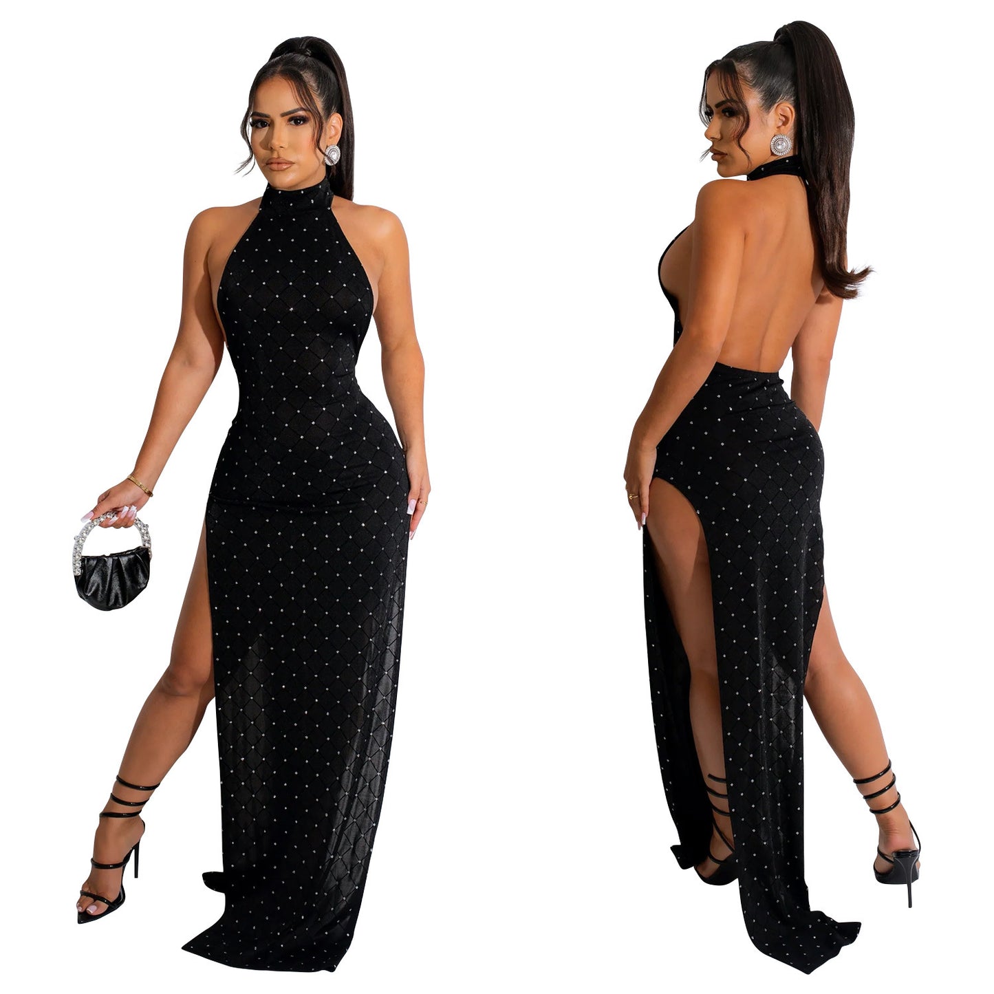 BamBam Fashion Women's Solid Color Sleeveless Halter Neck Slit Maxi Dress - BamBam