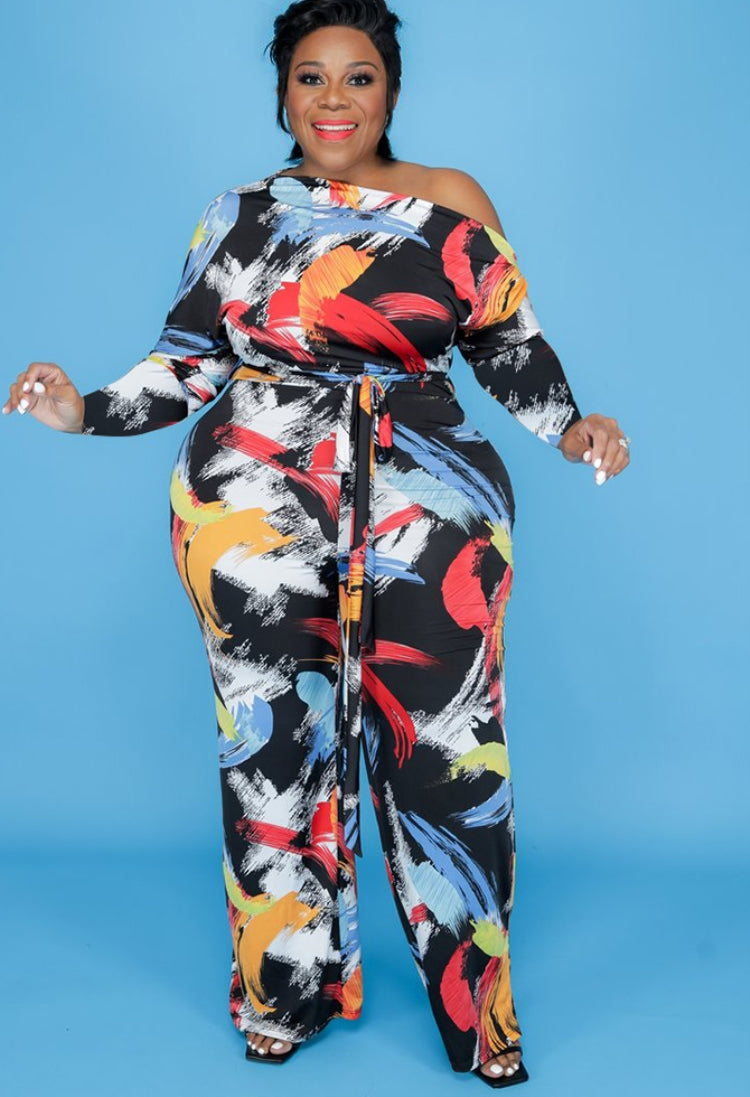 Autumn Plus Size Print Formal Jumpsuit with Belt