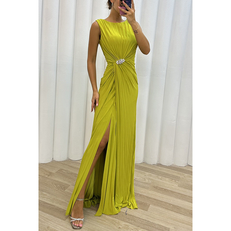 BamBam Pleated Slit Sleeveless Fashion Evening Dress For Women - BamBam