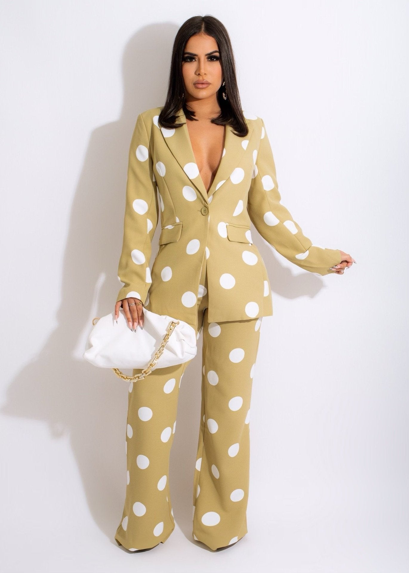 BamBam Women's Fashion Casual Polka Dot Print Blazer Pants Two Piece Suit - BamBam Clothing