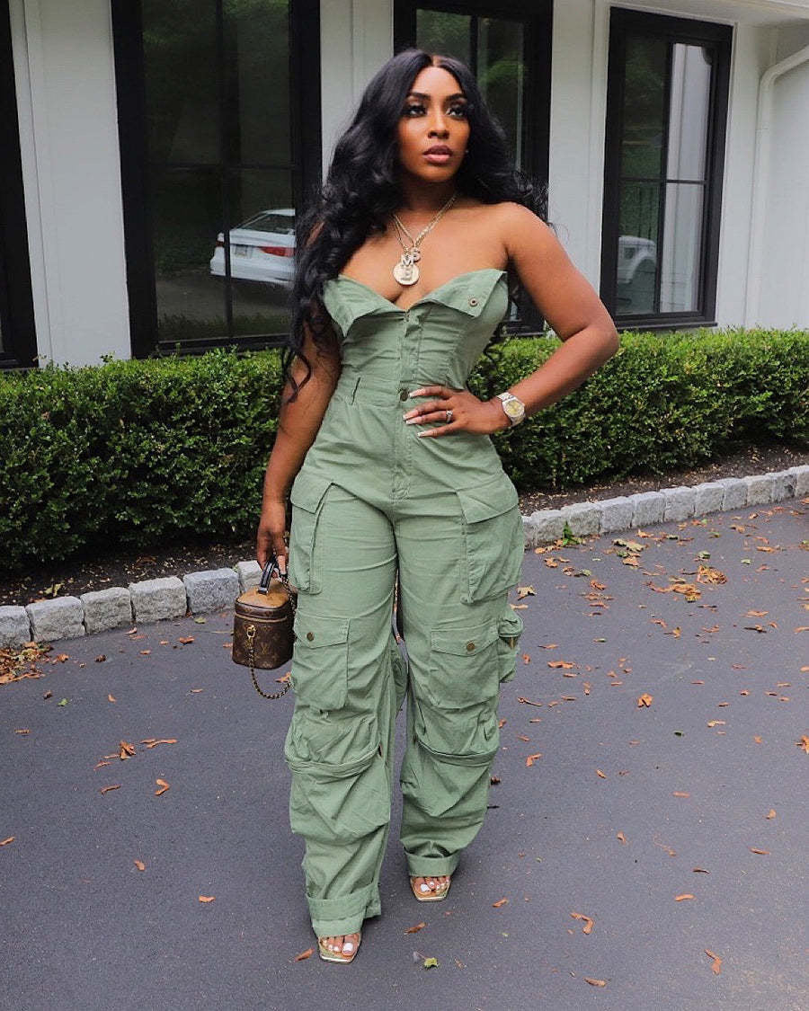 Army green hot sale cargo jumpsuit