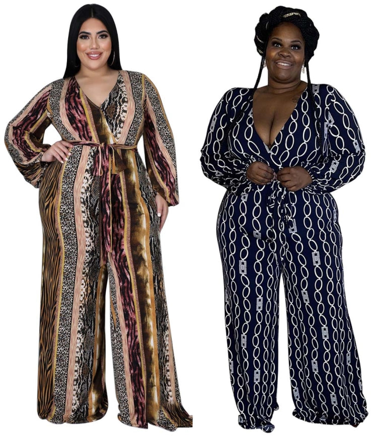 BamBam Autumn Plus Size Chains Print V-Neck Formal Jumpsuit with Belt - BamBam Clothing