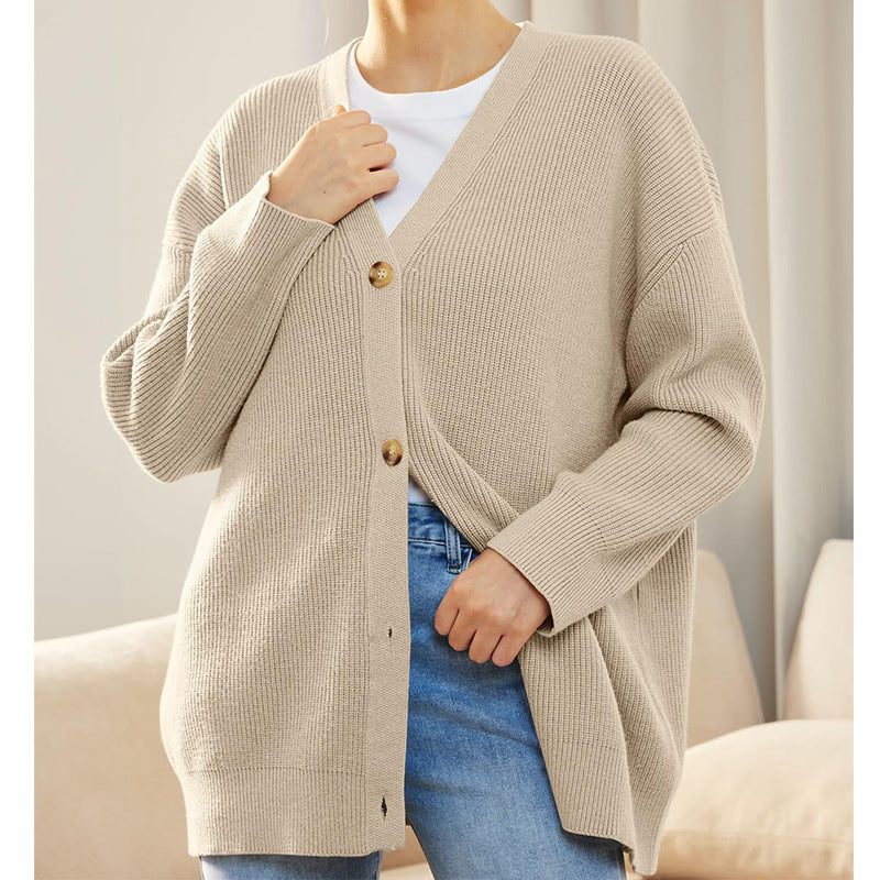 BamBam Knitting Cardigan Women's Button V-Neck Solid Color Sweater For Women - BamBam