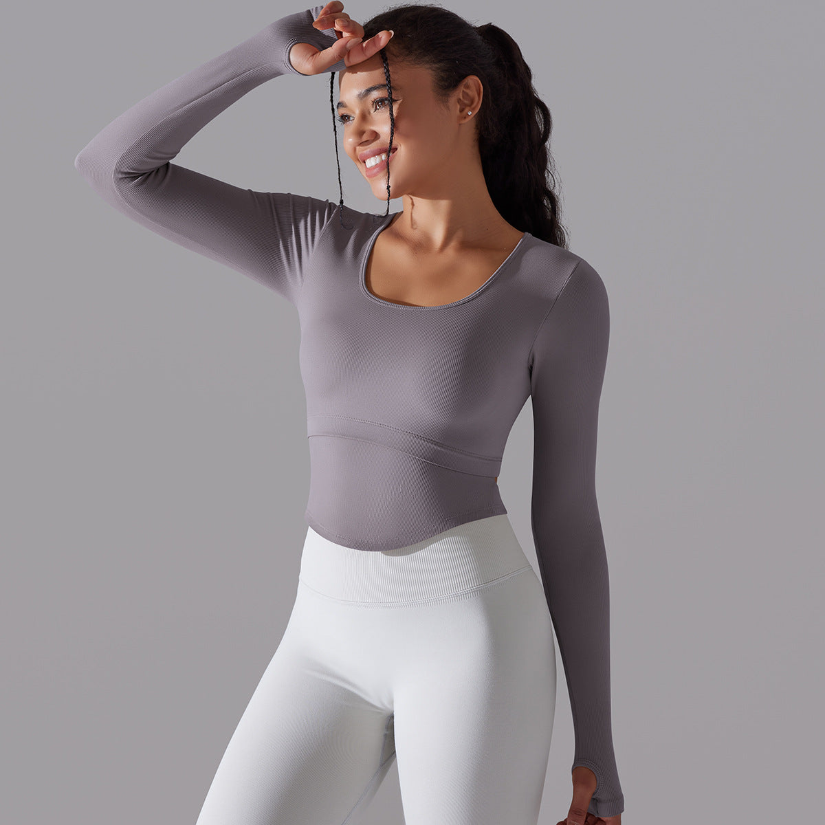 BamBam Seamless Knitting Solid Color Ribbed Sports Yoga Long-Sleeved Running Fitness Yoga Tops For Women - BamBam