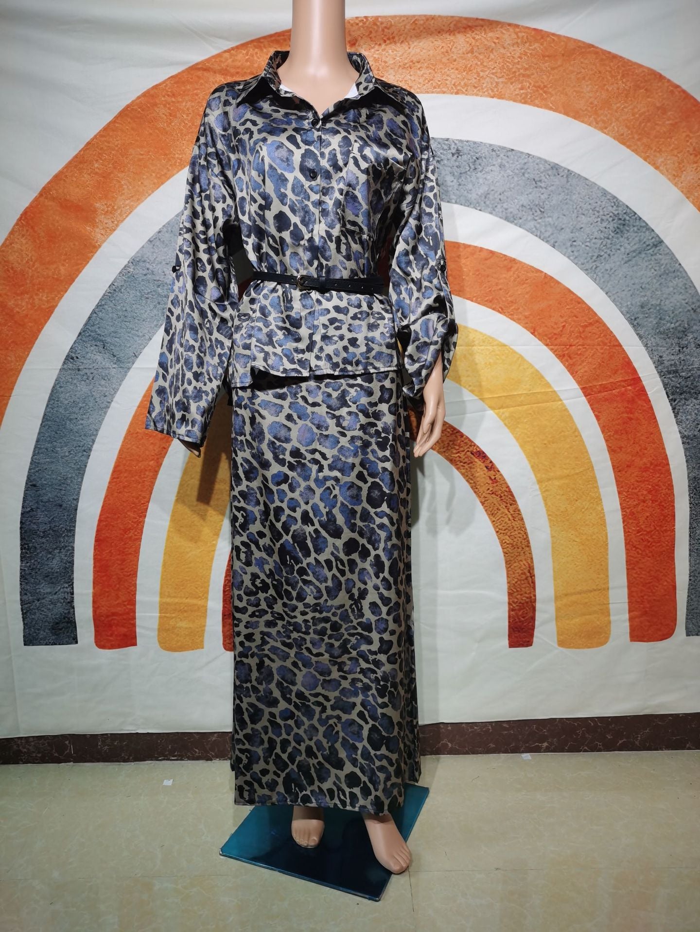 BamBam Muslim Women's Autumn Fashion Leopard Print Long Sleeve Shirt Skirt Two Piece Set - BamBam