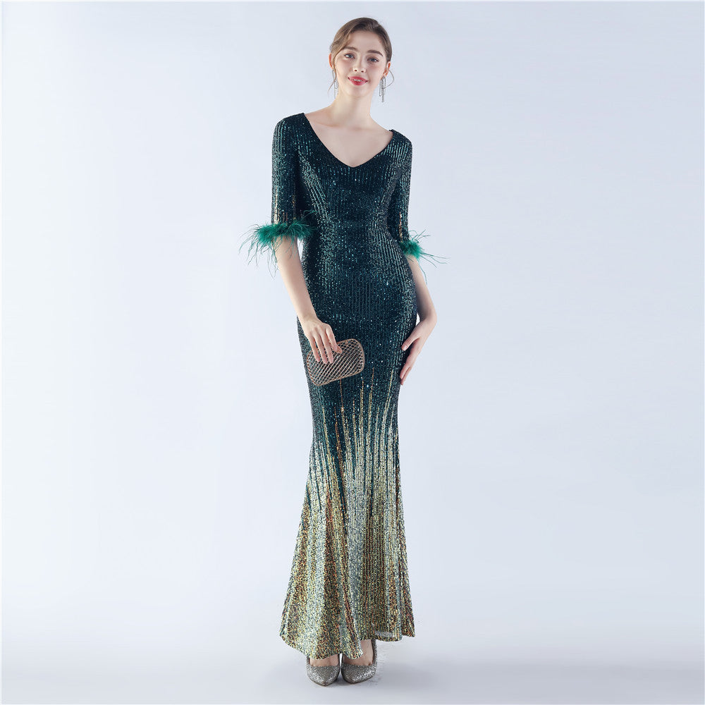 BamBam Women ostrich feather gradient sequin half-sleeve evening dress - BamBam Clothing