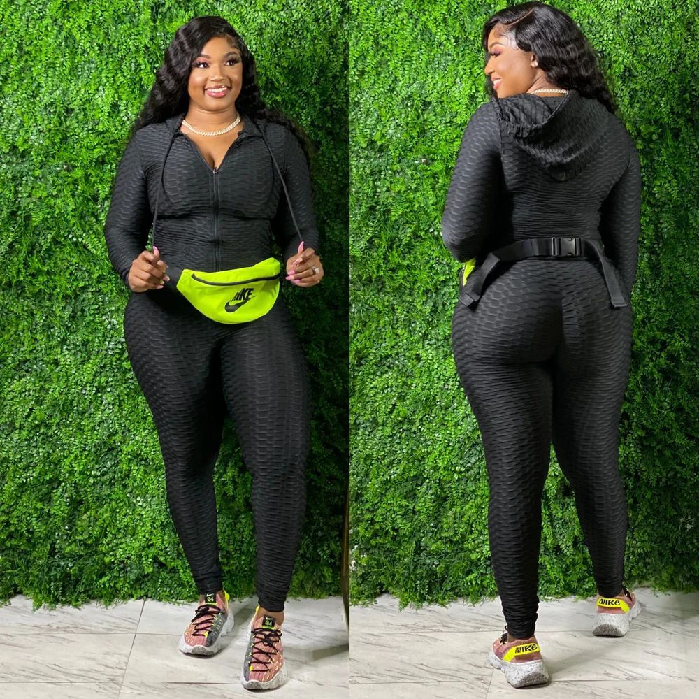 BamBam Plus Size Women Fall/Winter Casual Solid Zipper Top and Pant Two-piece Set - BamBam