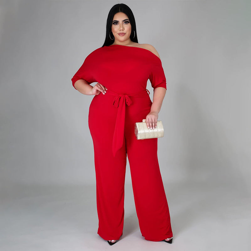 BamBam Plus Size Solid Plain Slash Shoulder Formal Jumpsuit - BamBam Clothing