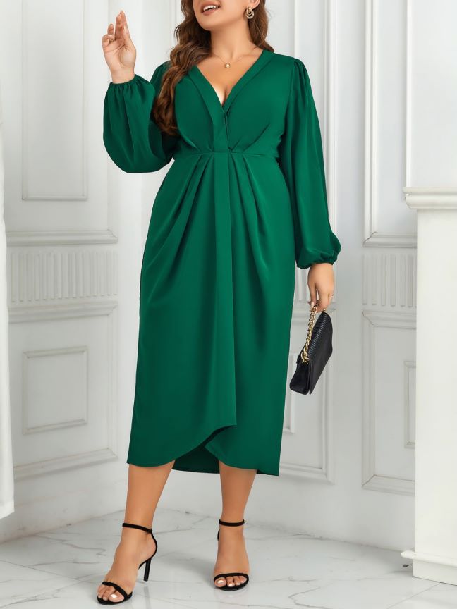 BamBam Green Casual V-Neck Slim Fit Plus Size Dress - BamBam