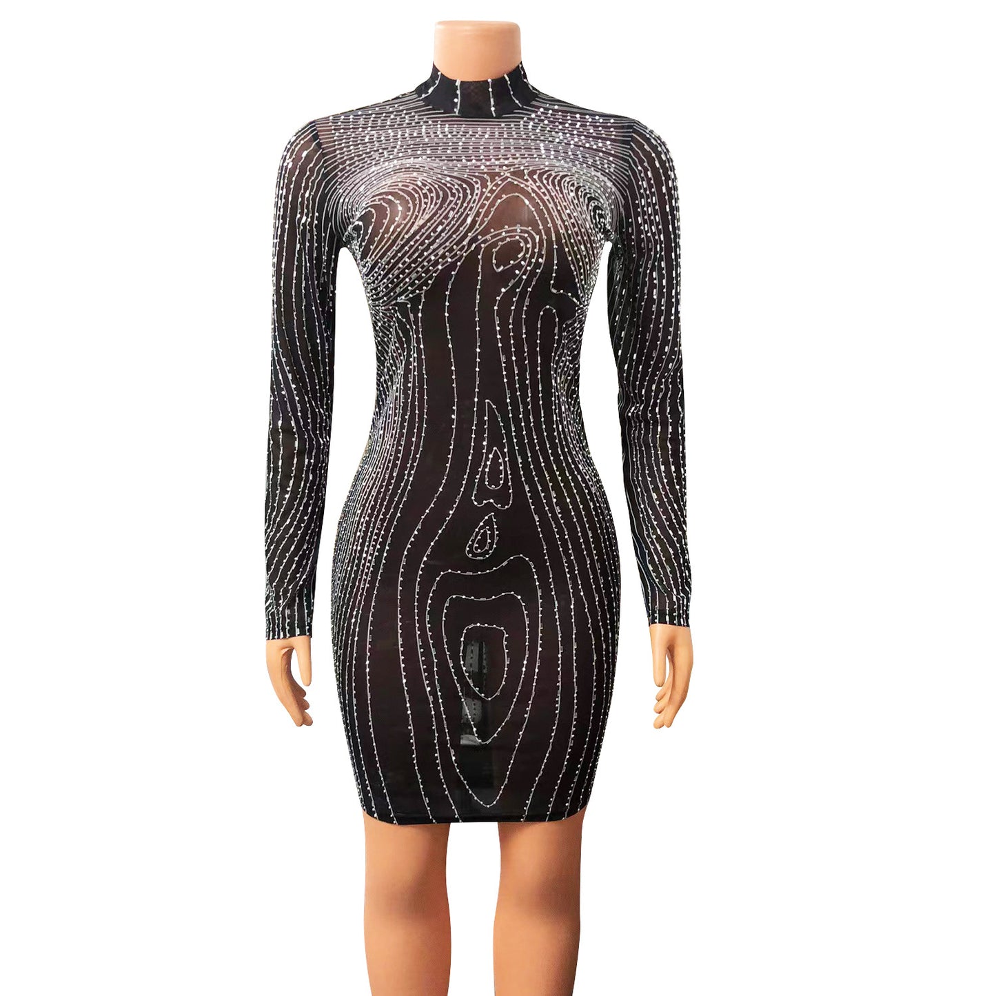 BamBam Summer Women's Sexy Tight Fitting Mesh Printed Beaded Dress For Women - BamBam Clothing Clothing