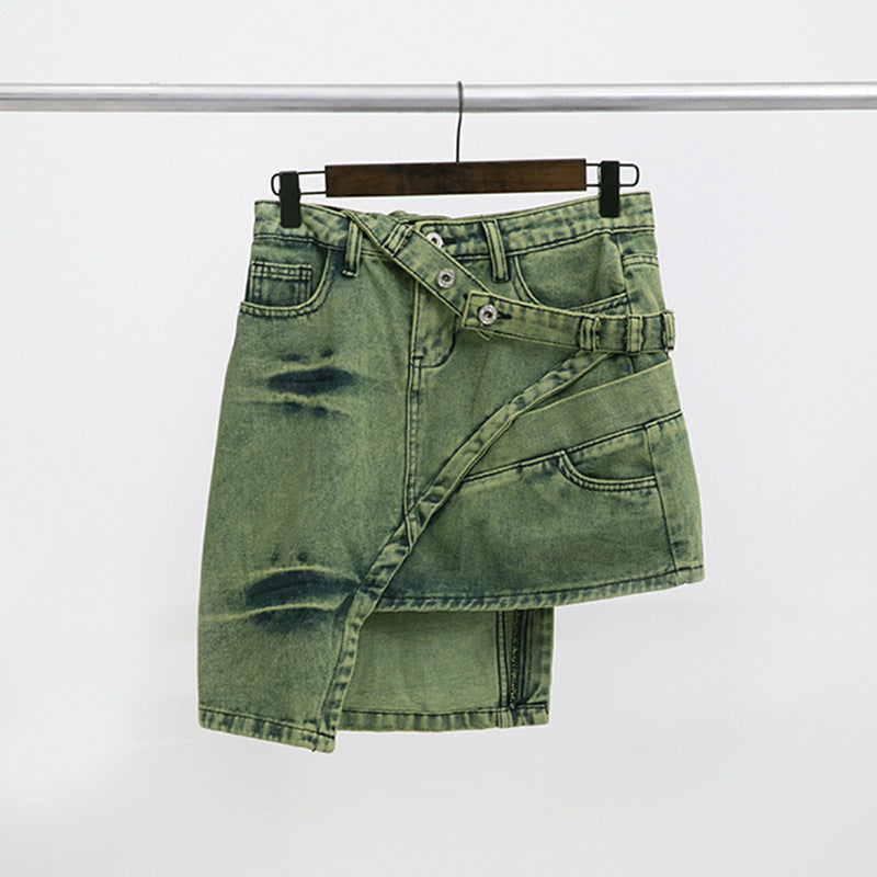 BamBam Trendy Belt Style Green Denim Skirt Women's Irregular Short Skirt - BamBam