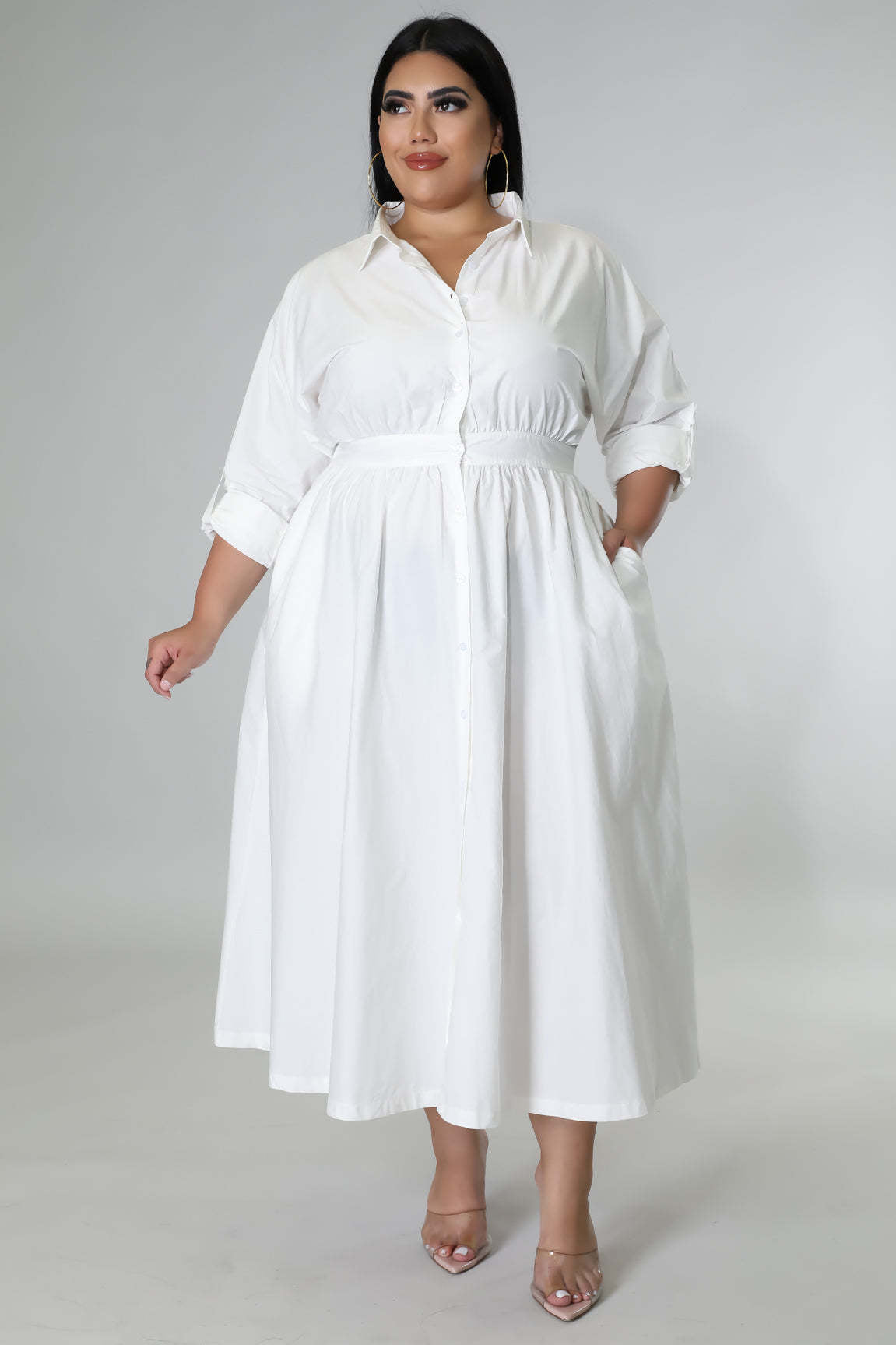 BamBam Plus Size Women's Solid Long Sleeve Shirt Dress - BamBam