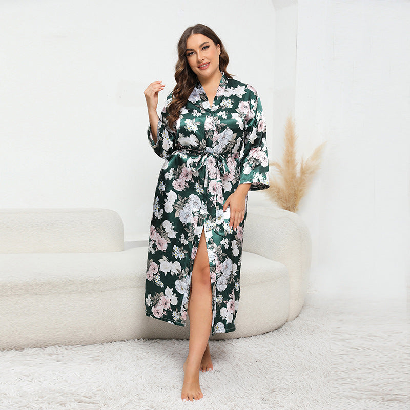 BamBam Plus Size Women Loose Long Sleeve Printed Satin Nightgown - BamBam