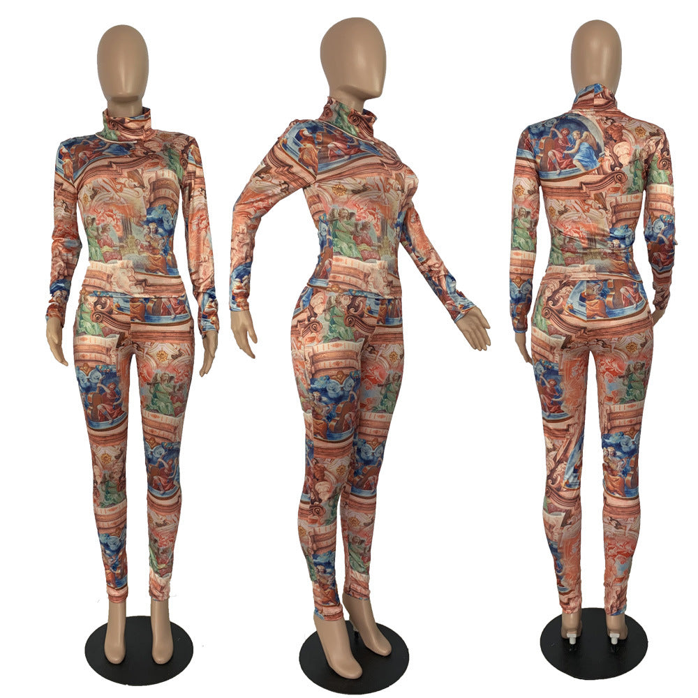 BamBam Women Printed Long Sleeve Irregular Oil Painting Printed Top and Pant Two-piece Set - BamBam