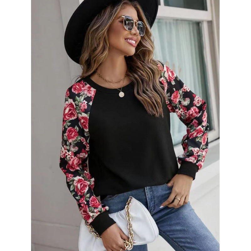 BamBam Autumn Printed Patchwork Fashionable And Versatile Casual Round Neck Long Sleeve T-Shirt Women's Clothing - BamBam