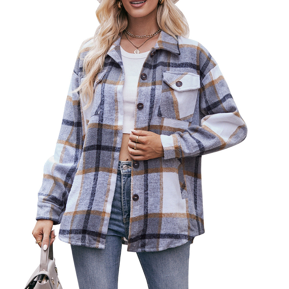 BamBam Women Casual Plaid Loose Pocket Shirt Jacket - BamBam