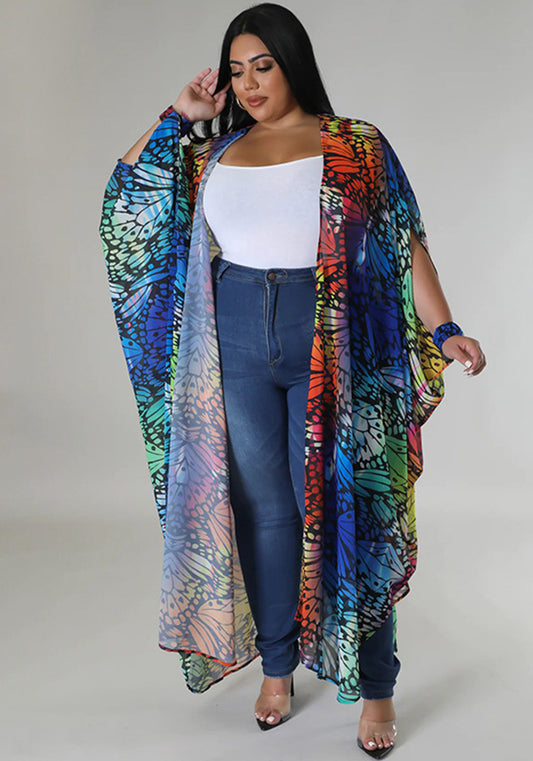 Plus Size Women's Fashion Printed Chiffon Cape Shirt