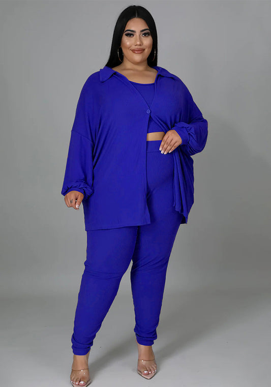 Plus Size Women Ribbed Solid Color Three-Piece Casual Sexy Pants Set