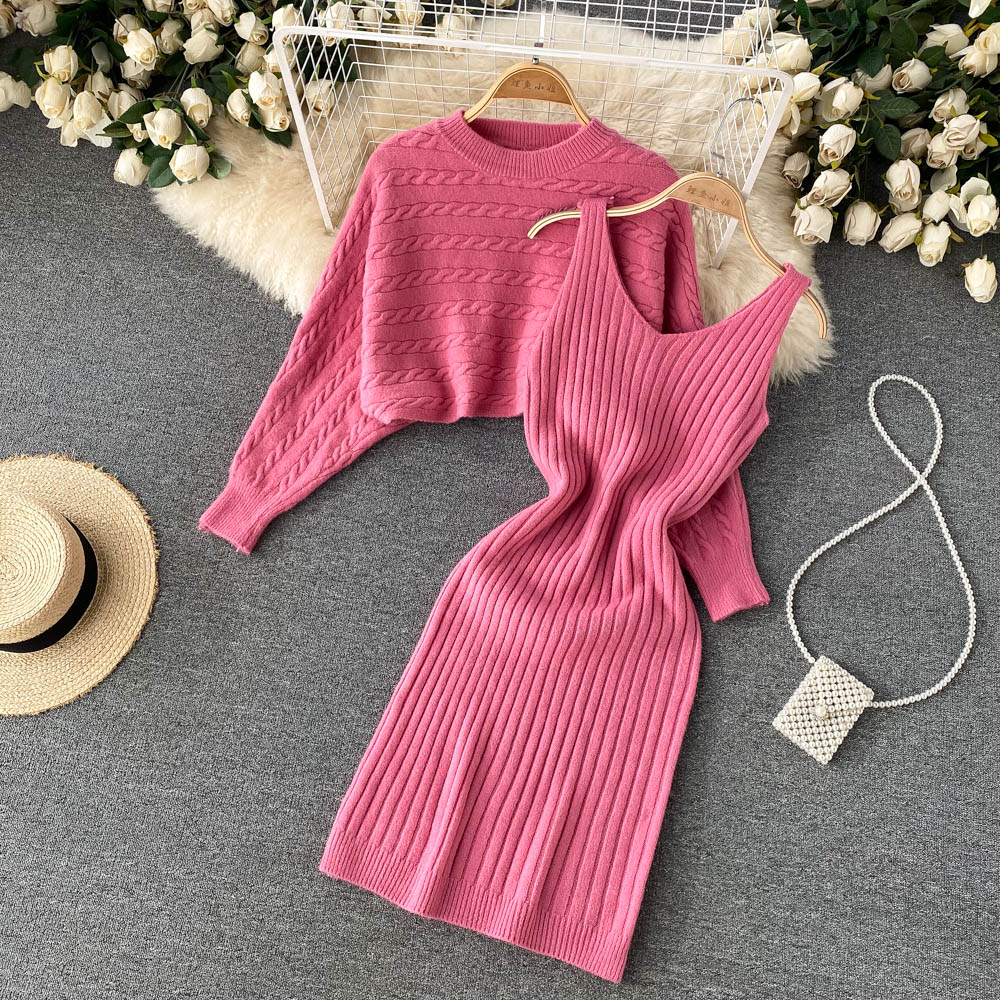 BamBam Women French sexy Bodycon Strap Dress +and loose knitting sweater two-piece set - BamBam